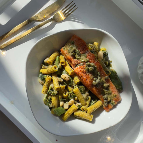 Baked Salmon With White Bean + Spinach Pesto Pasta Recipe