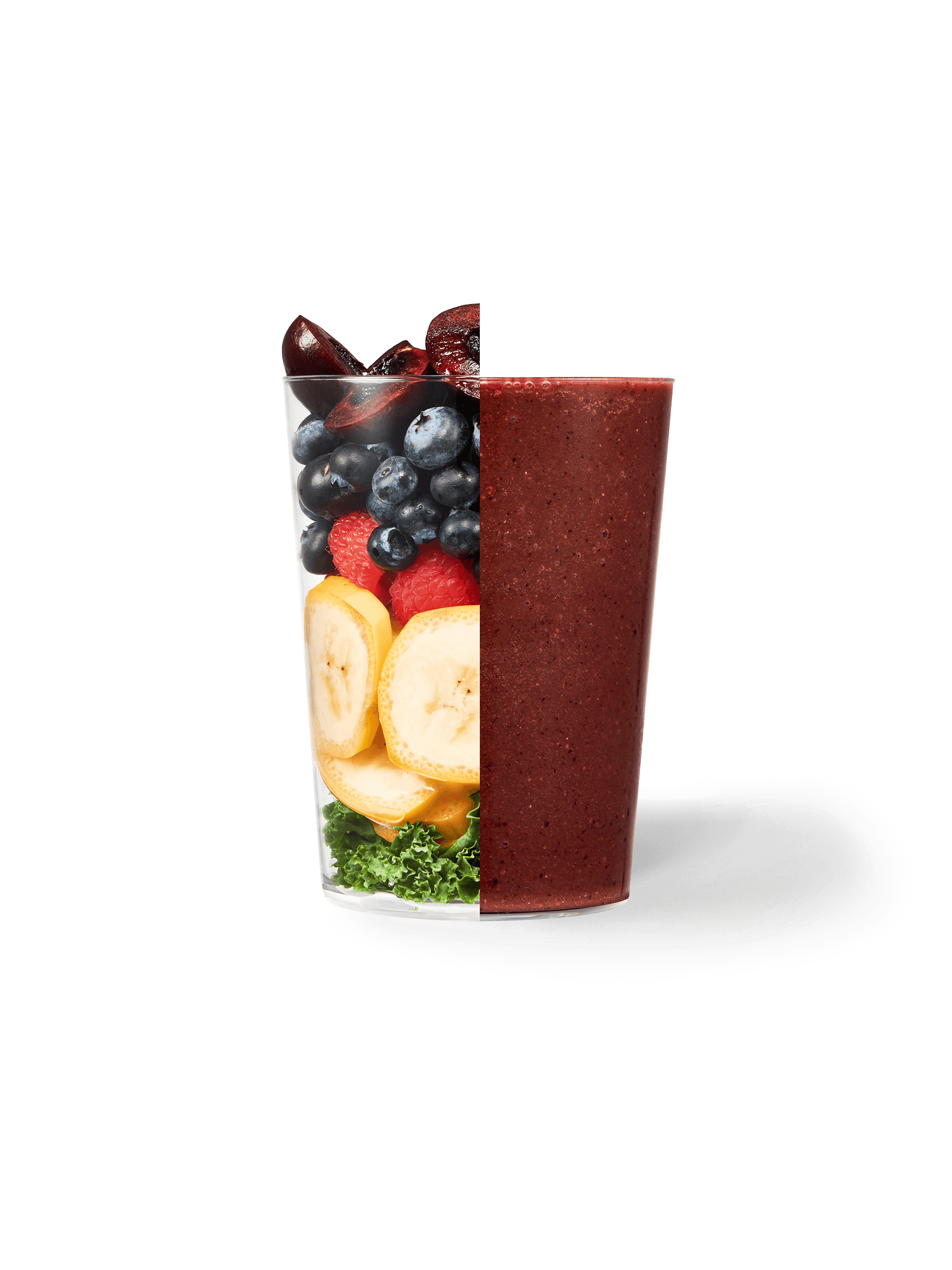 Side by side image of Daily Harvest's Acai + Cherry Smoothie ingredients alongside it prepared.