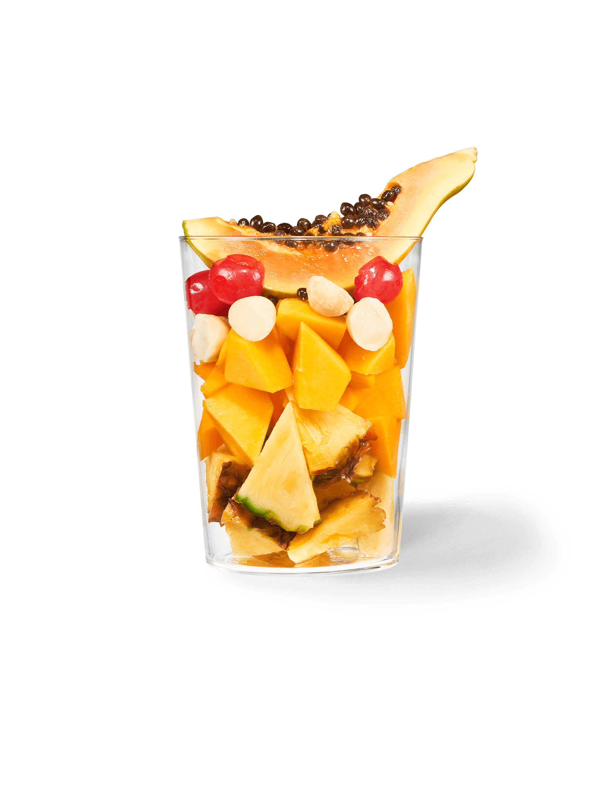 Clear cup filled with the ingredients included in our Mango + Papaya Smoothie.