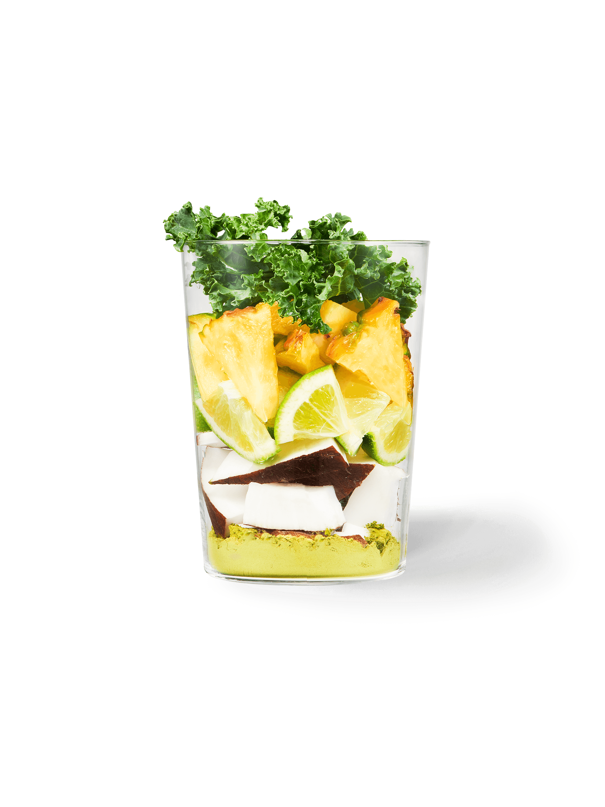 Clear cup filled with the ingredients included in our Pineapple + Matcha Smoothie