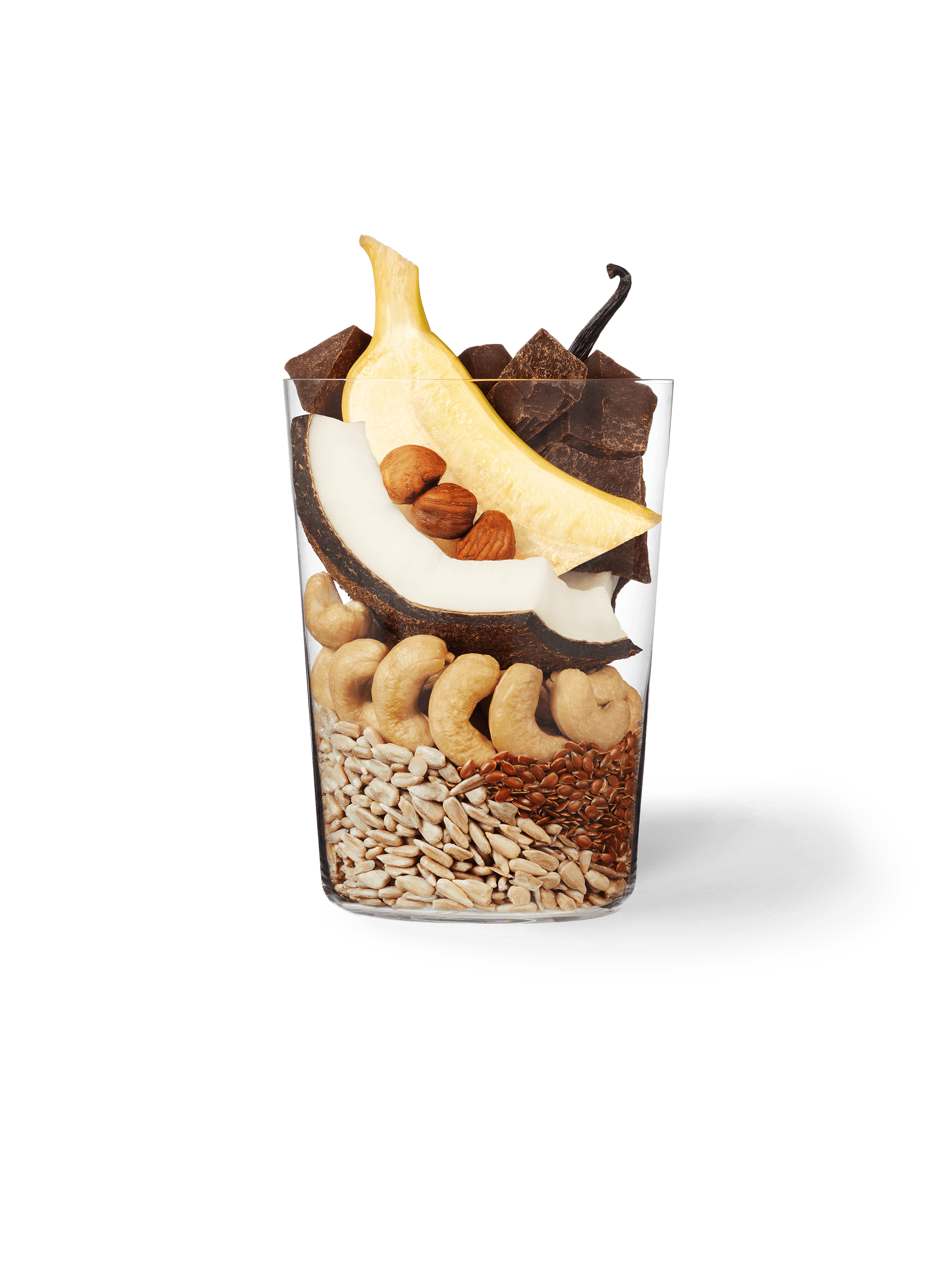 Ingredients of DH Banana + Almond Smoothie in clear glass