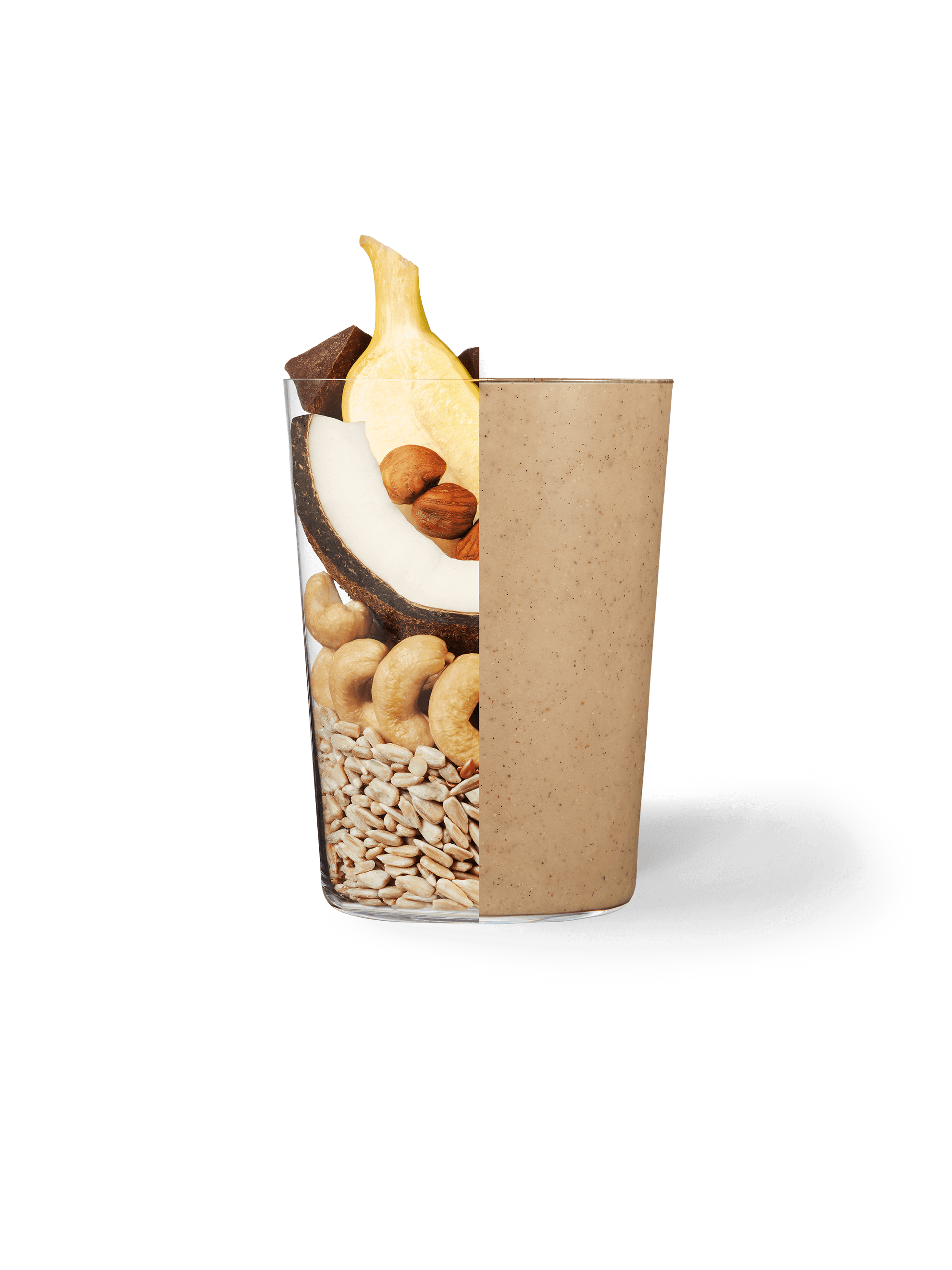 Daily Harvest Banana + Almond smoothie half prepared in clear glass with other half pictured as raw ingredients