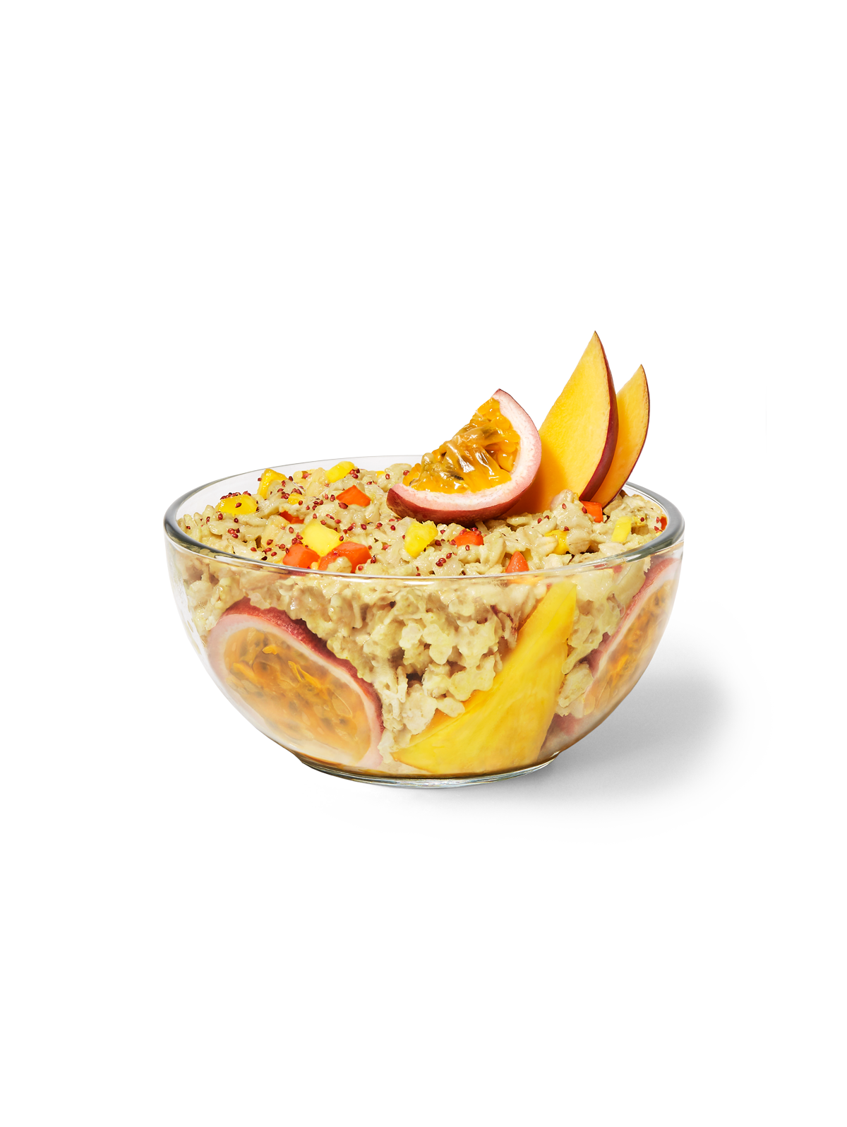 Prepared Pineapple + Passion Fruit Forager Bowl in a clear bowl with passion fruit, pineapple, and mango garnish.