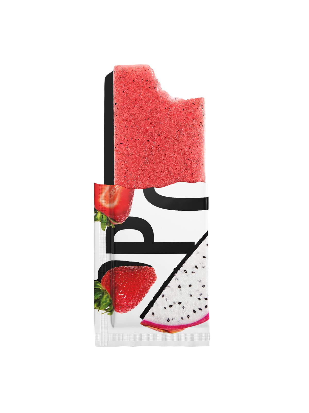 A Strawberry + Dragon Fruit Pop in half of its wrapper with a bite taken out of it.