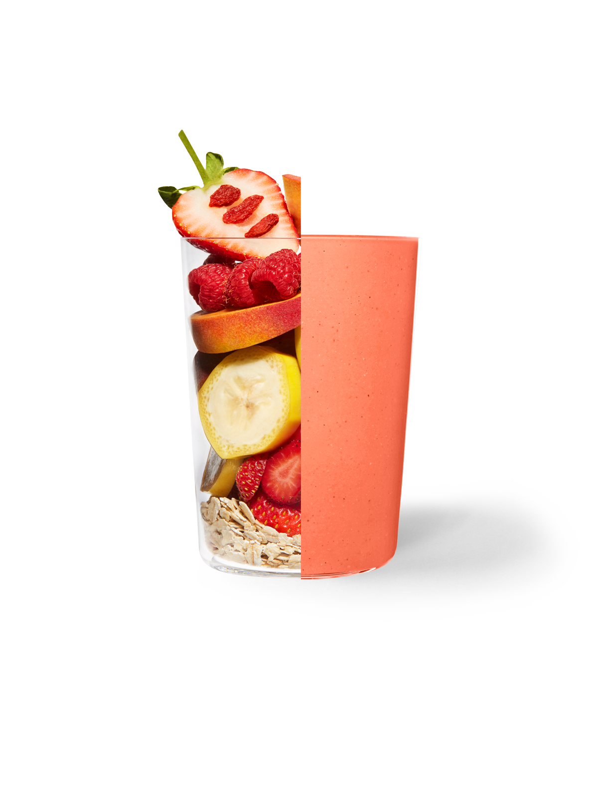 Side by side of Daily Harvest Strawberry + Peach Smoothie ingredients and prepared in a cup.