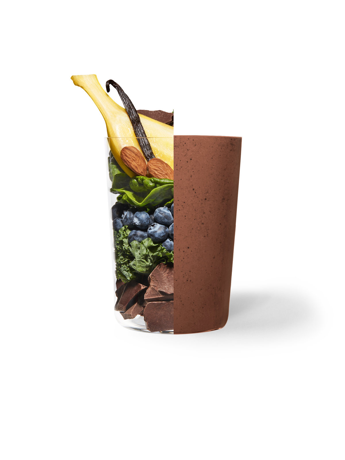 Side by side of Daily Harvest Chocolate + BlueberrySmoothie ingredients and prepared in a cup.