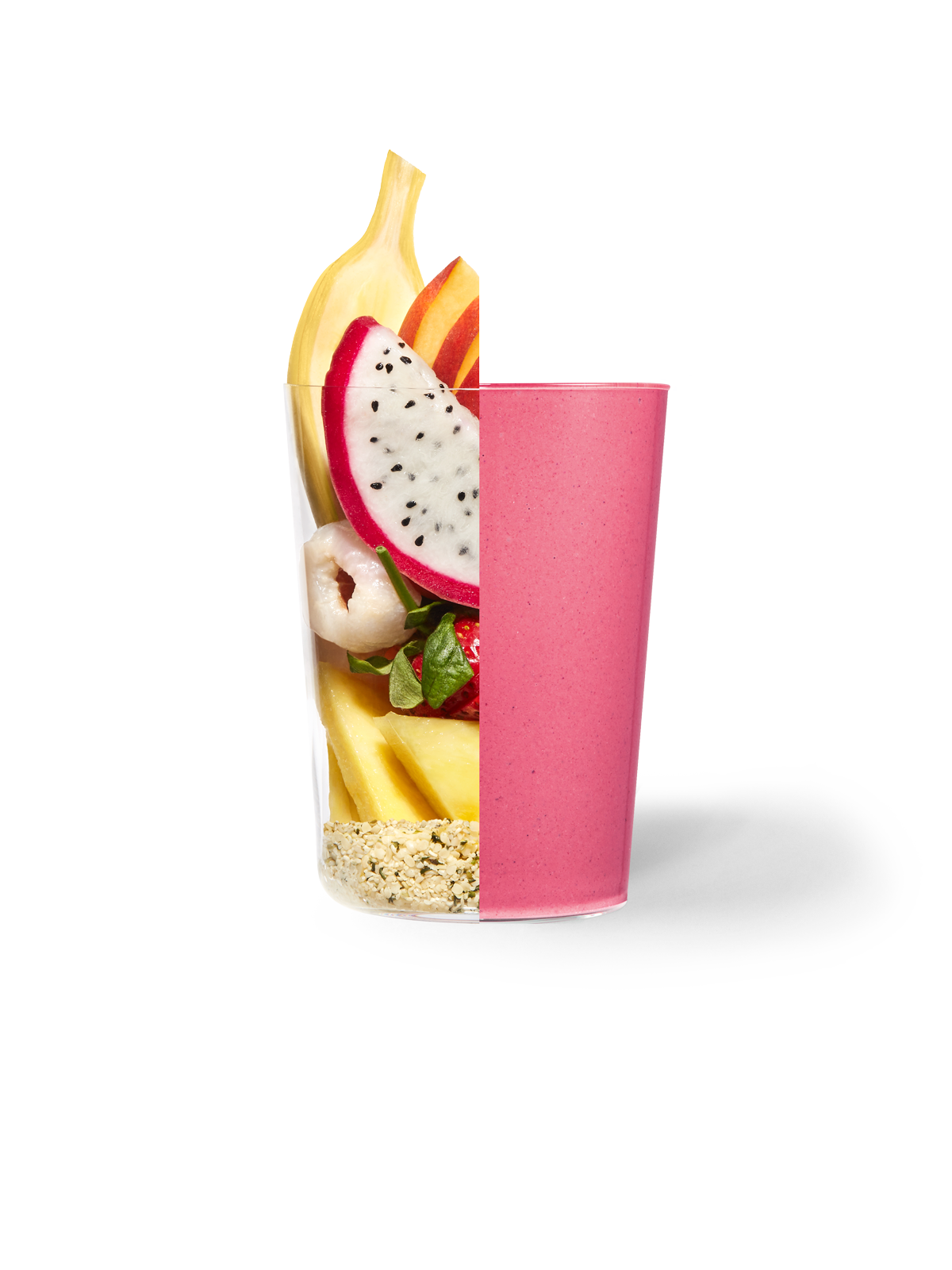 Side by side of Daily Harvest Dragon Fruit + Lychee Smoothie ingredients and prepared in a cup.