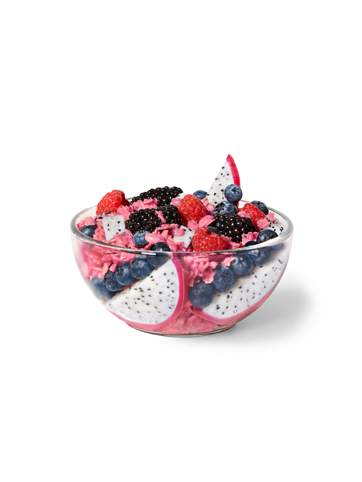 Daily Harvest Mulberry + Dragon Fruit Oat Bowl prepared with ingredient garnish. 