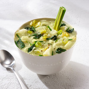 Lifestyle image of the Daily Harvest Cauliflower + Leek Soup prepared in a bowl.