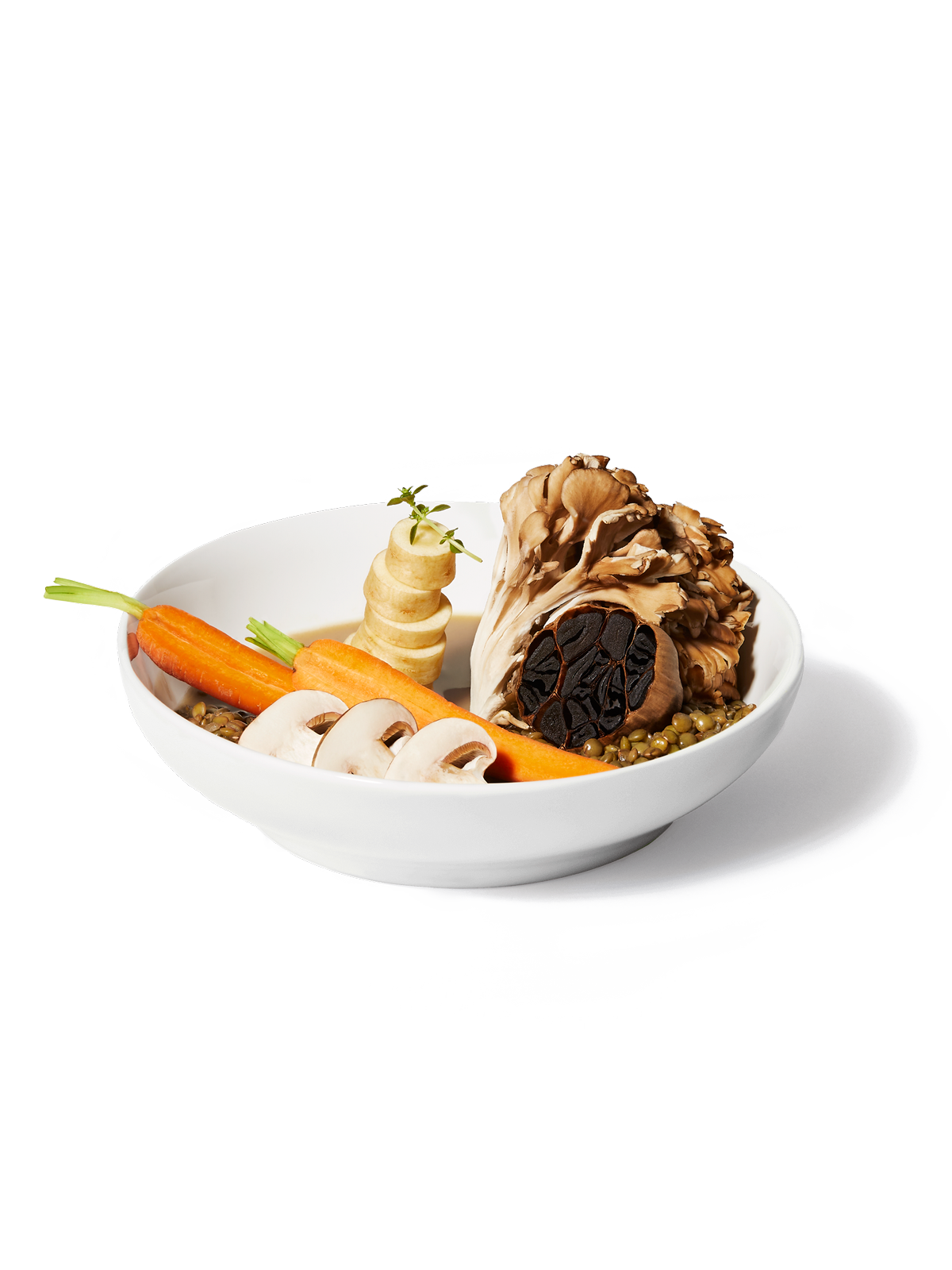 A bowl filled with ingredients included in Lentil + Cremini Soup, including french lentil, parsnip, cremini, carrots, black garlic, and porcini.
