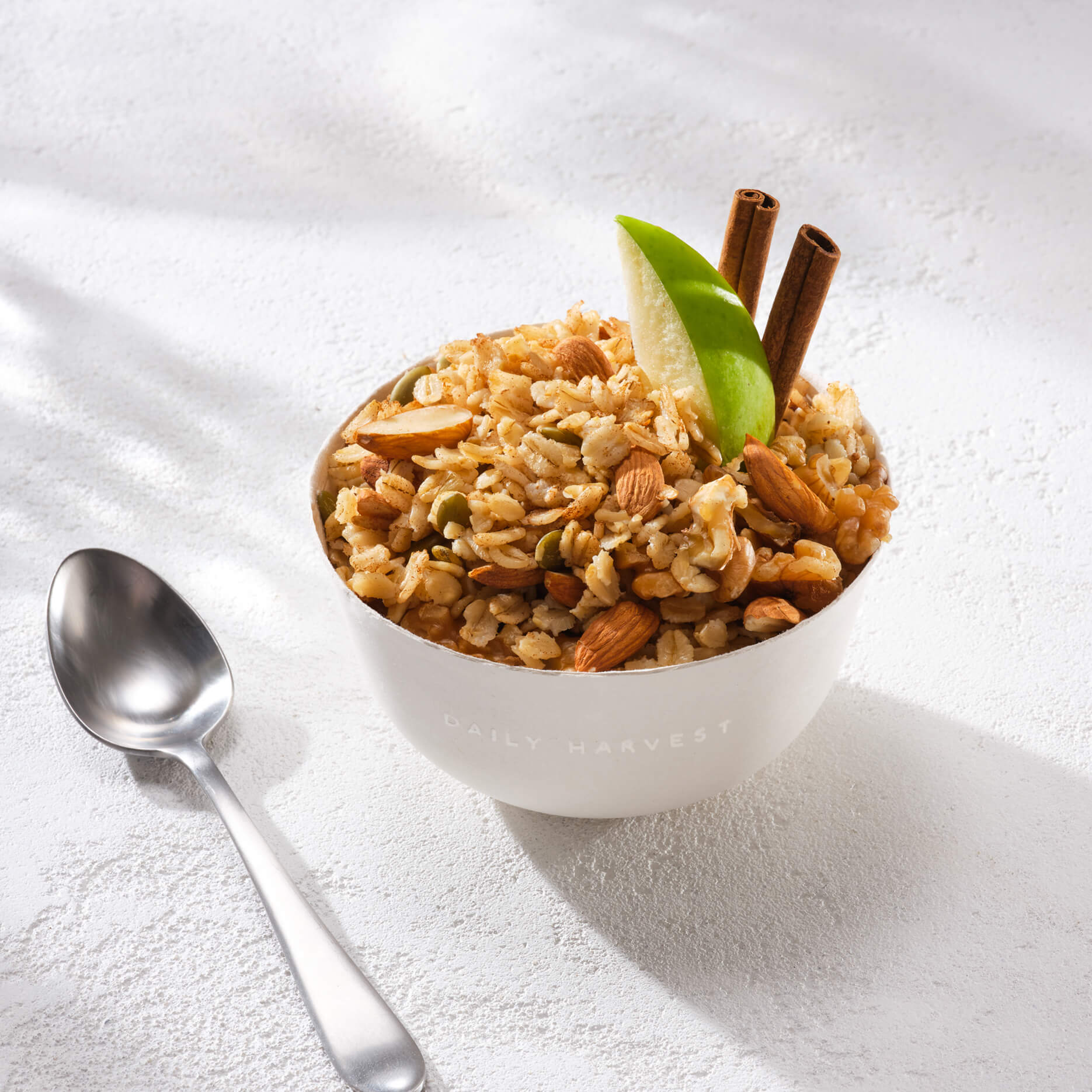 Image of Daily Harvest Apple + Cinnamon Oat Bowl prepared in a bowl with garnish.