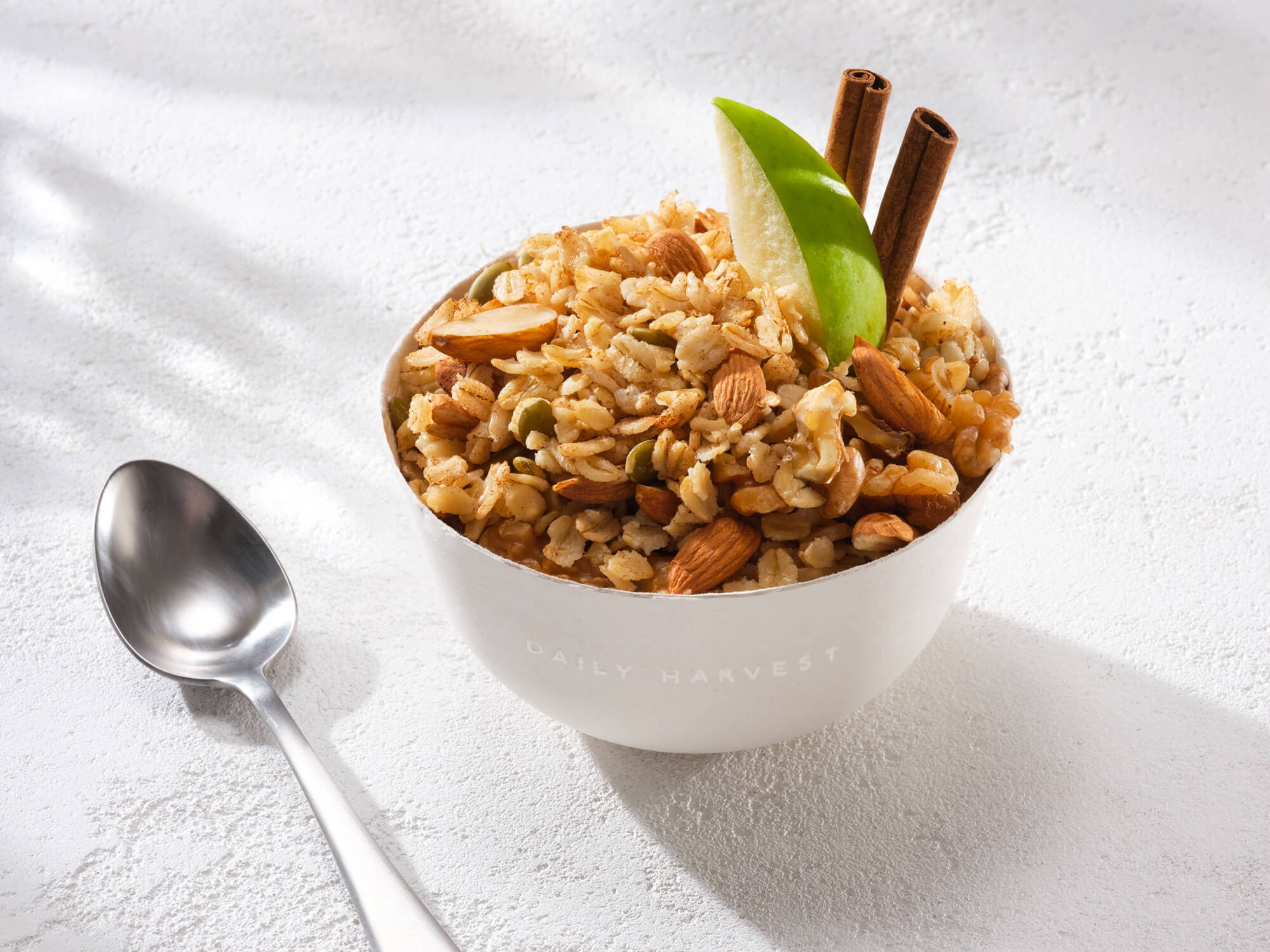 Image of Daily Harvest Apple + Cinnamon Oat Bowl prepared in a bowl with garnish.