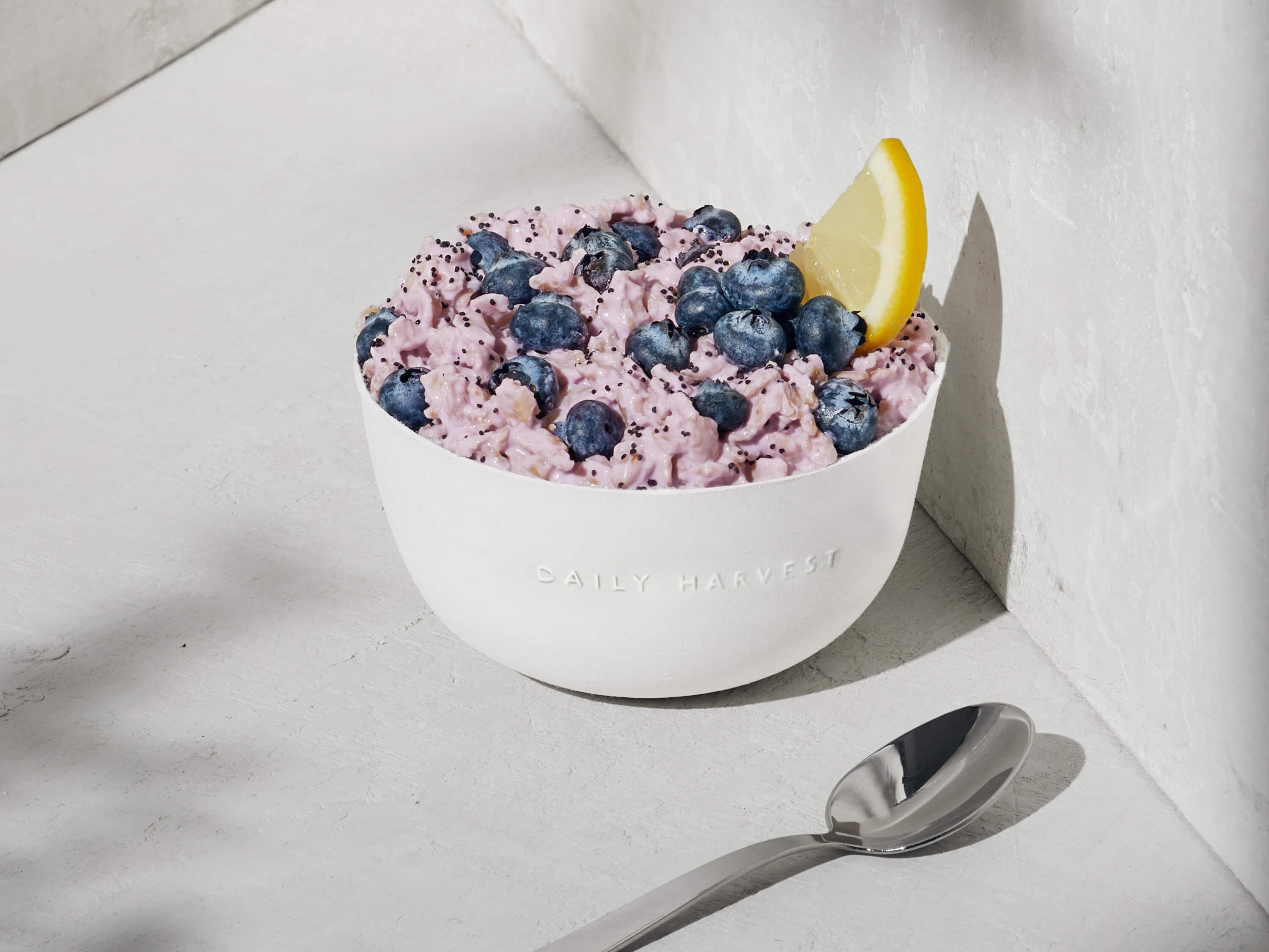 A lifestyle image of Daily Harvest Blueberry + Lemon Oat Bowl prepared with a lemon garnish.