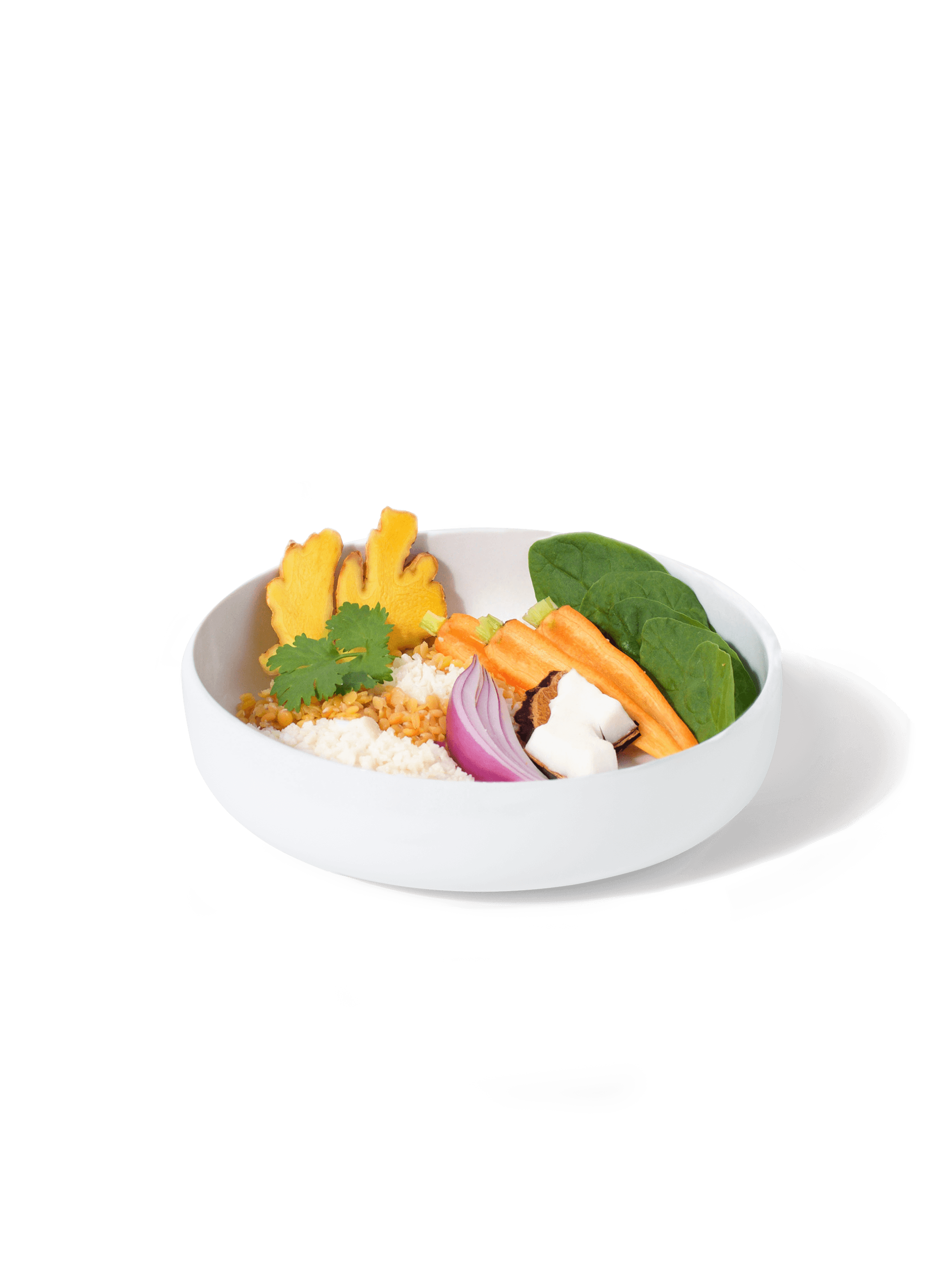 A bowl filled with ingredients included in a Daily Harvest Red Lentil + Cumin Harvest Bowl. 