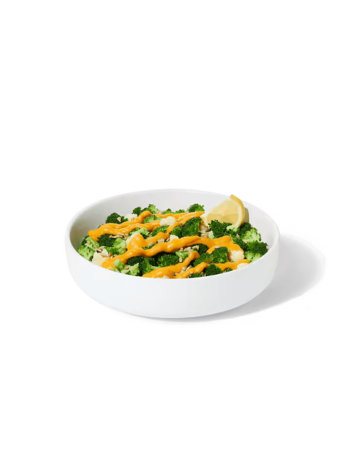 A prepared Broccoli + Cheeze Harvest Bowl