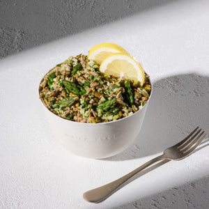 A prepared Broccoli Rice + Dill Pilaf Harvest Bowl