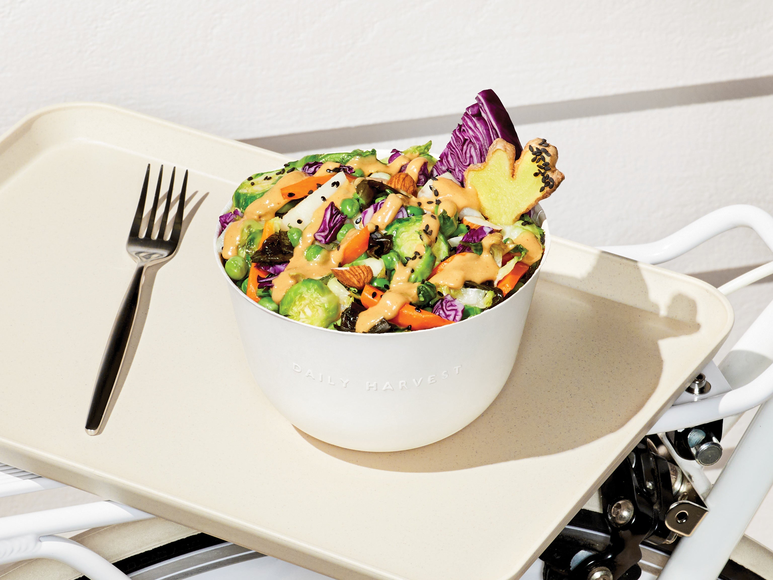 Image of Daily Harvest Brussels Sprouts + Sesame Harvest Bowl prepared and plated.