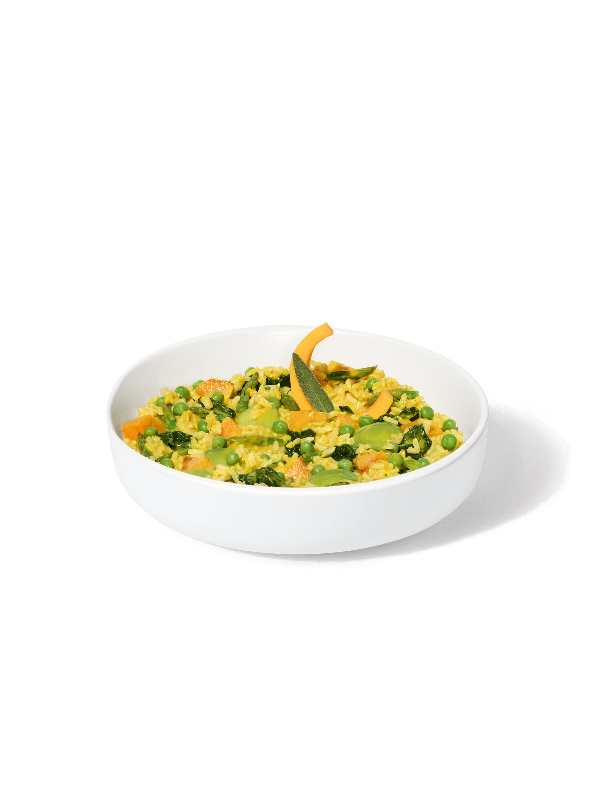 Daily Harvest Herbed Squash + Asparagus Risotto harvest bowl prepared in a bowl with garnish.