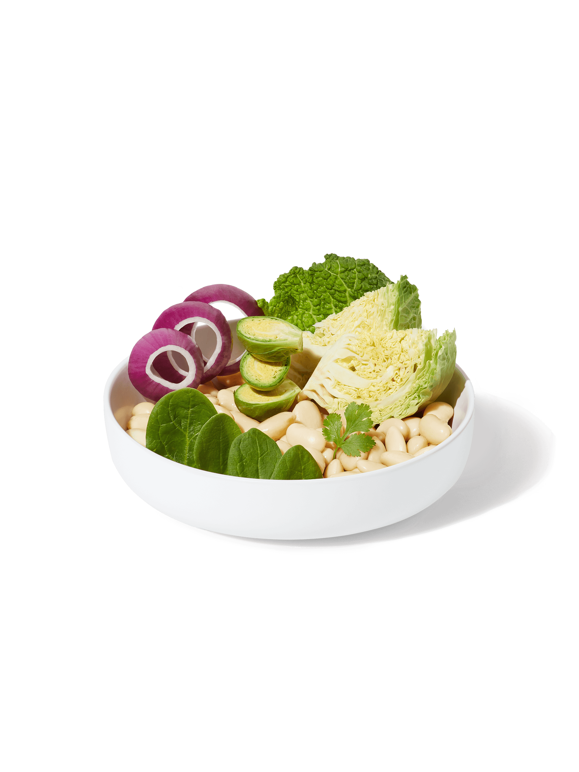 A bowl filled with ingredients included in a Gigante Bean and Savoy Cabbage Harvest Bowl