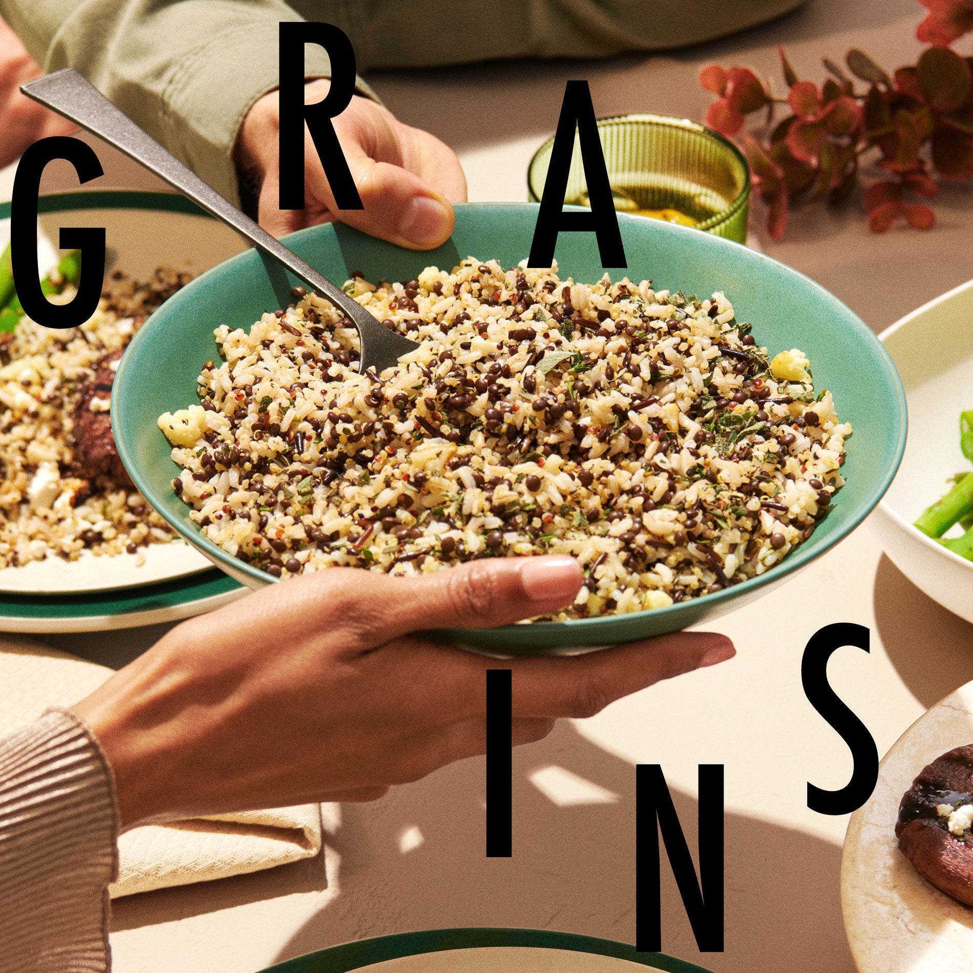 A plate with our prepared Herb Wild Rice and Black Lentil Grains on a set dinner table.