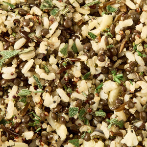 A close-up shot of our Herb Wild Rice and Black Lentil Grains.