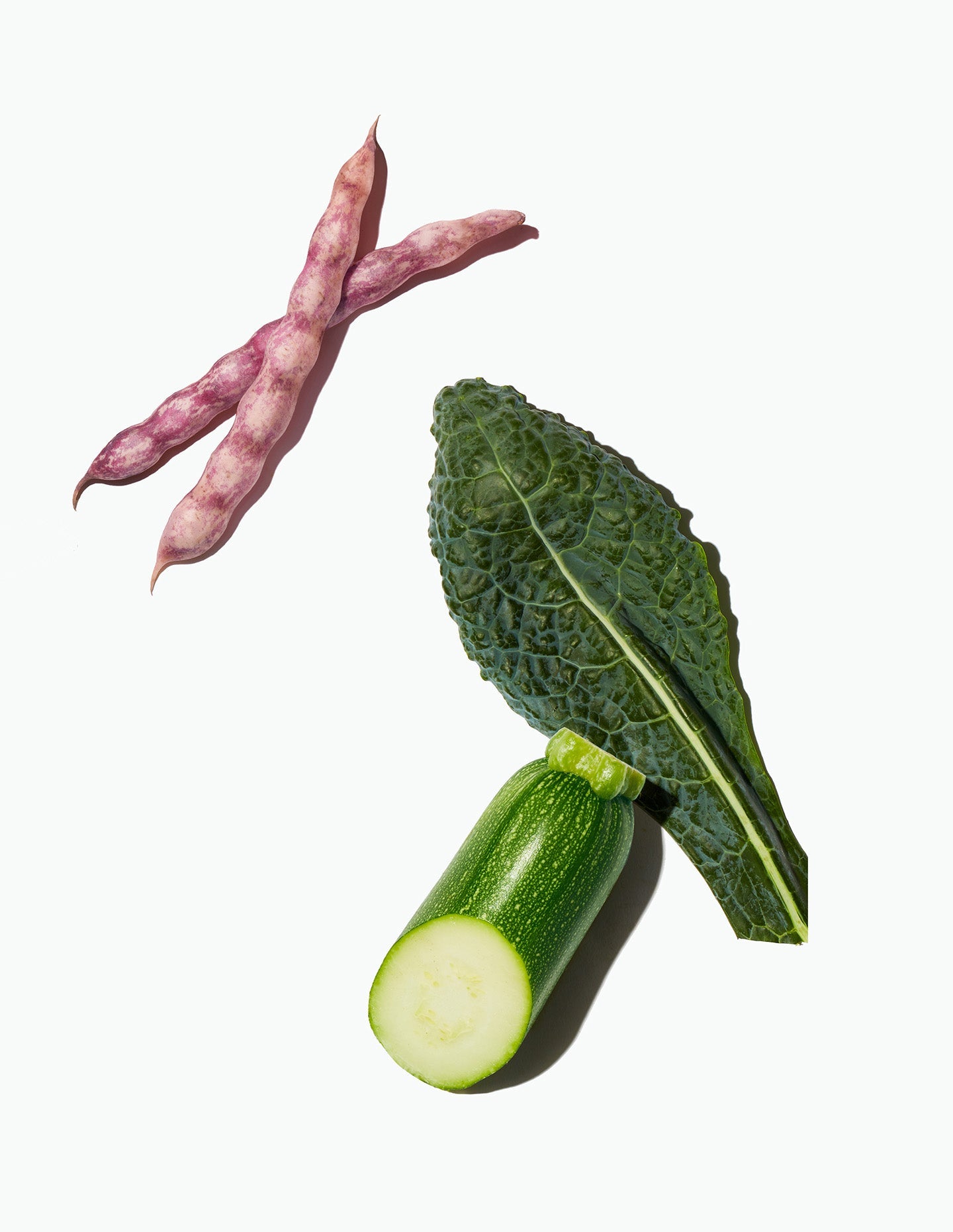 Image of Daily Harvest Quinoa + Chipotle Harvest Bowl main ingredients, including a piece of zucchini, a leaf of kale, and mesquite pods