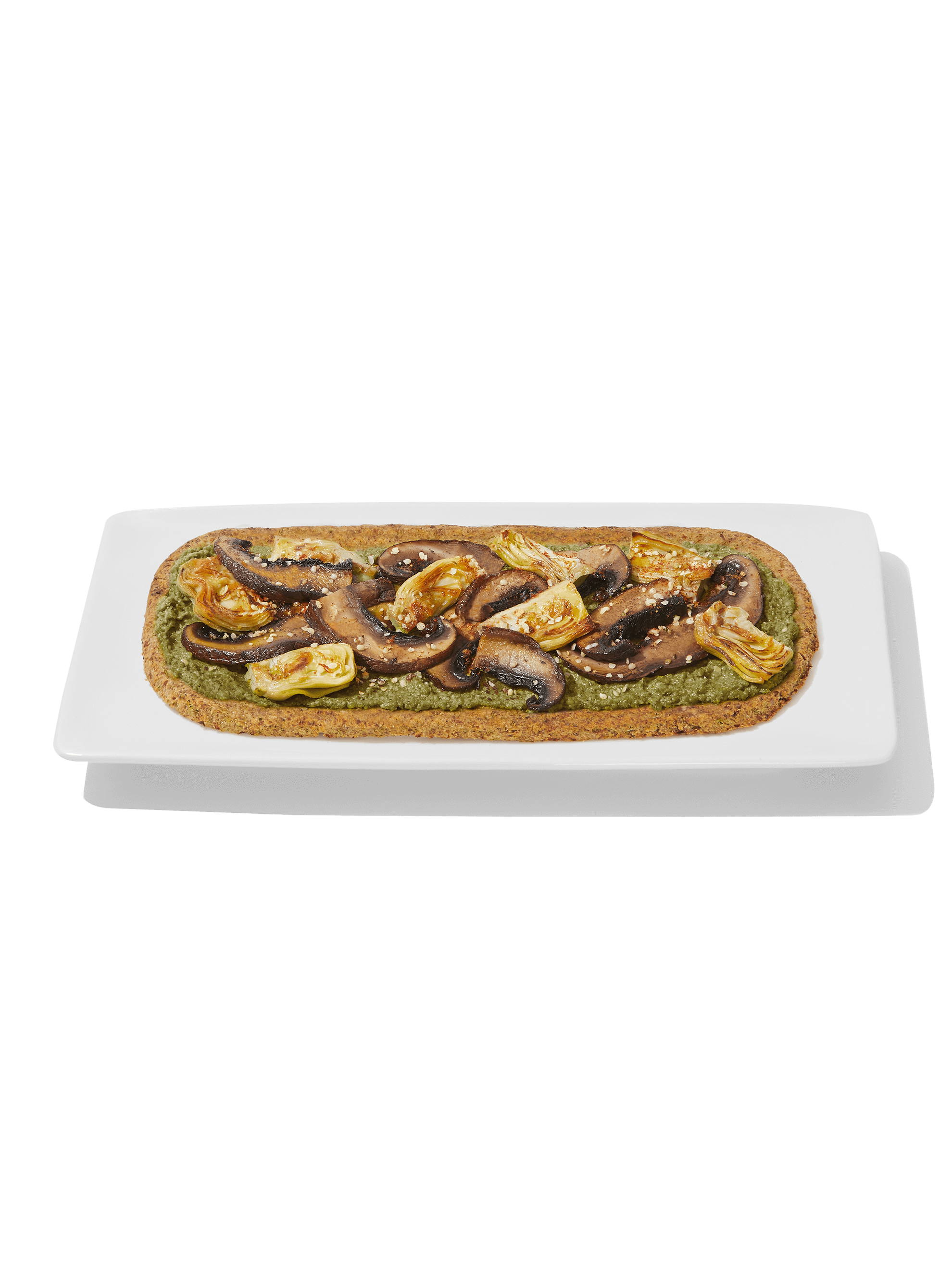 Image of prepared Daily Harvest Portobello + Pesto Flatbread on white plate with transparent background